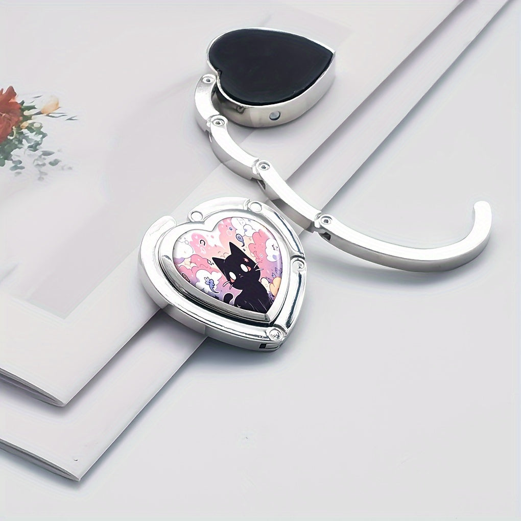 Heart-Shaped Purse Hanger with Black Cat Design Foldable Zinc Alloy Portable Bag Hook