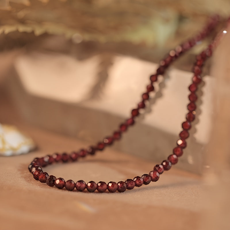 Garnet Jewelry Set with Beaded Necklace and Bracelet Boho Style Natural Gemstone Hypoallergenic Dual Layer Silk Thread