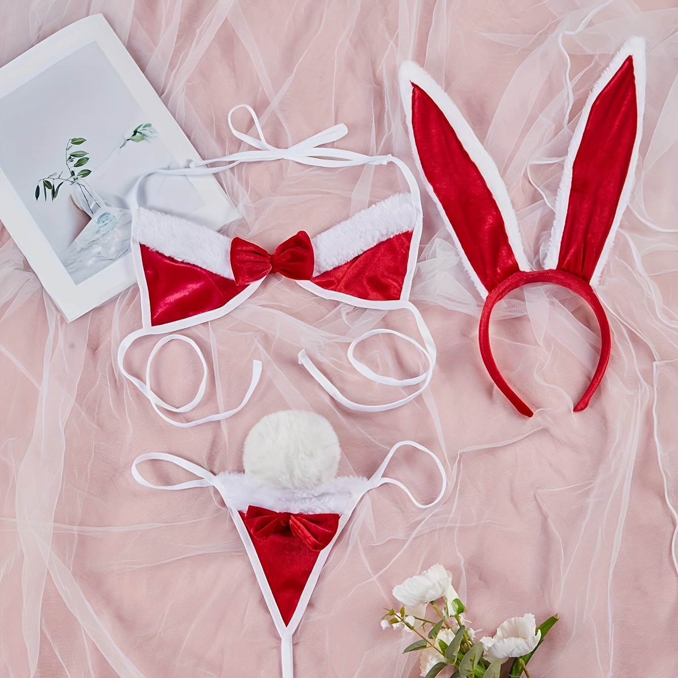 Adult Bunny Costume Set with Headband Bralette Thong and Bunny Tail