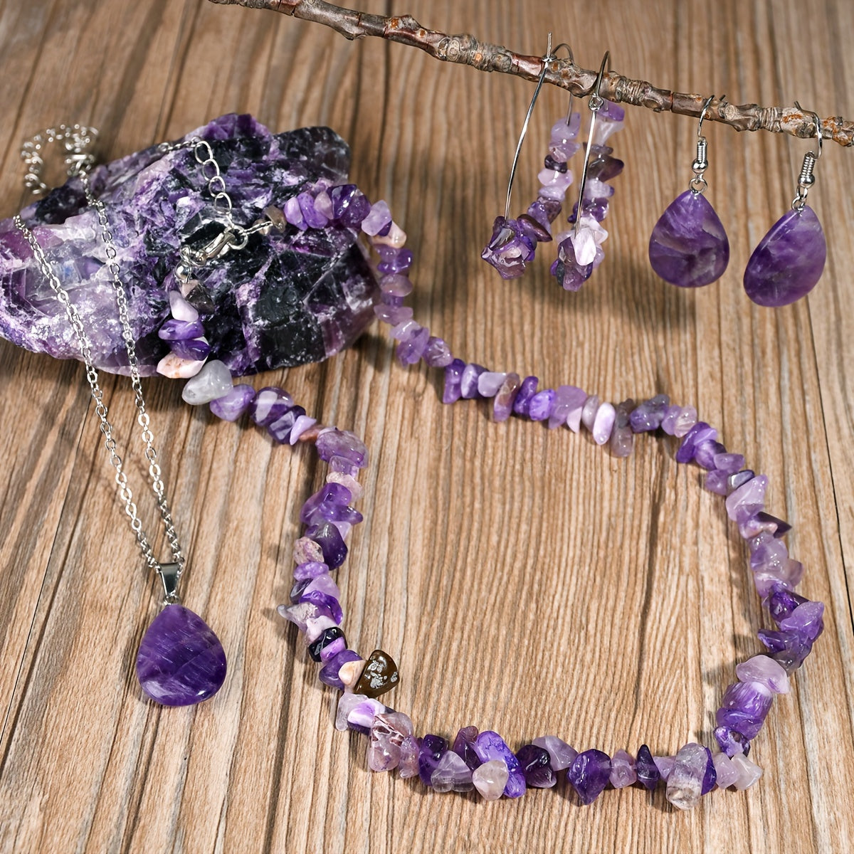 Boho-Chic Amethyst Jewelry Set Natural Stone Necklace and Earrings Gift for Women