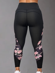 Plus Size High-Waisted Floral Yoga Leggings Breathable Stretchy Black