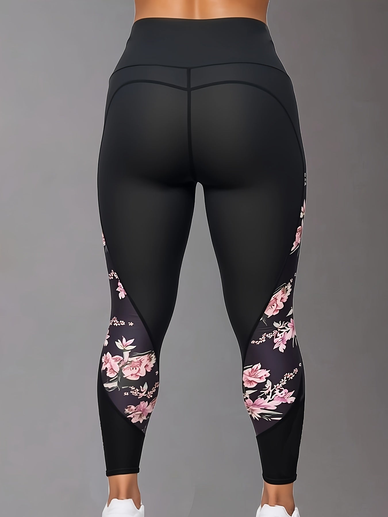 Plus Size High-Waisted Floral Yoga Leggings Breathable Stretchy Black