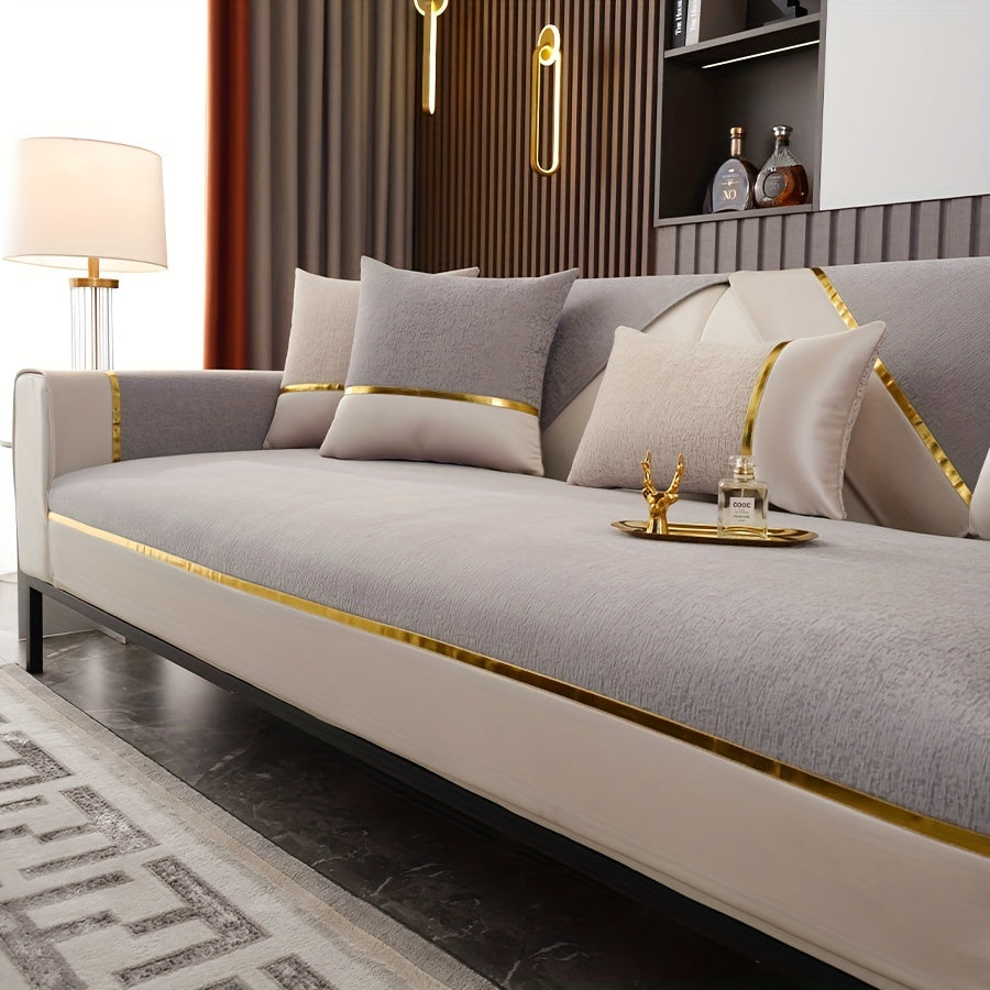 Chenille divan qopqog'i, sirpanmaydigan, oltin chekka, yashash xonasida mebellarni himoya qiladi