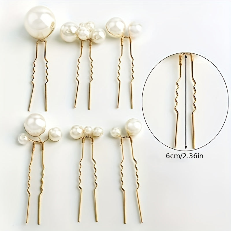 To'ylar uchun oltin va kumush rangdagi faux marjon bilan bezatilgan 6 ta U-shaklidagi soch pinlari