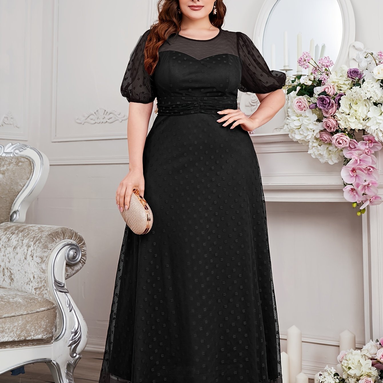 Women's V-Neck Lace Dress Plus Size Long Sleeve Evening Gown Creamy Yellow