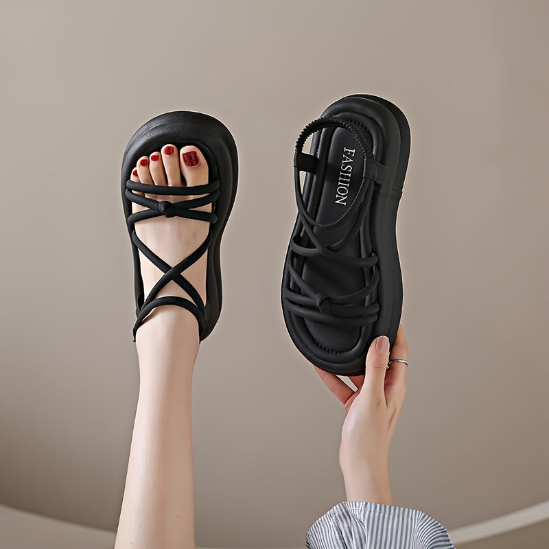 Women's Sandals Elastic Strap Slip-On Open Toe Mid-Heel Comfortable PU Platform