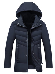 Men's Navy Blue Fleece-Lined Mid-Length Zip-Up Hooded Jacket with Pockets