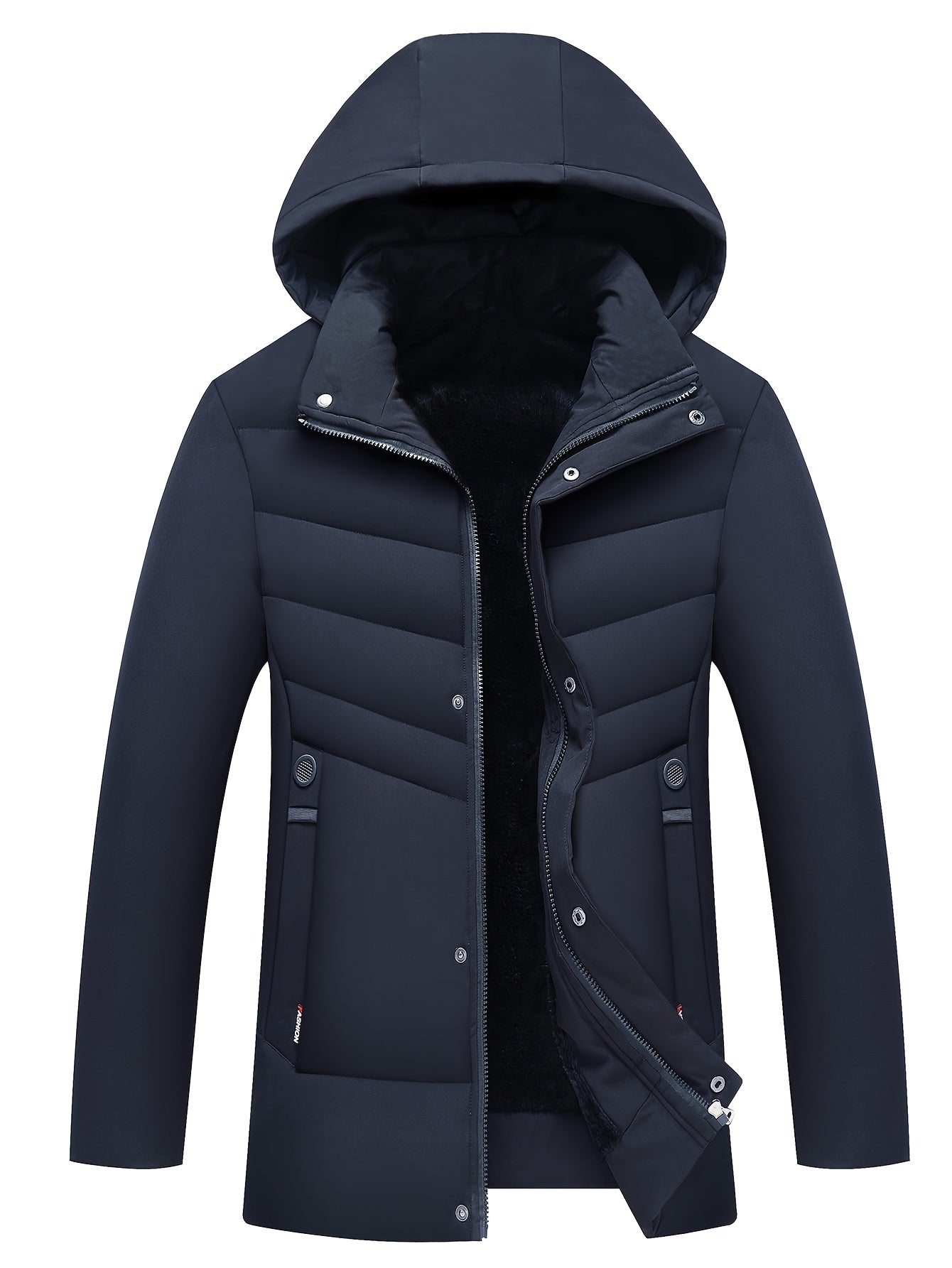 Men's Navy Blue Fleece-Lined Mid-Length Zip-Up Hooded Jacket with Pockets