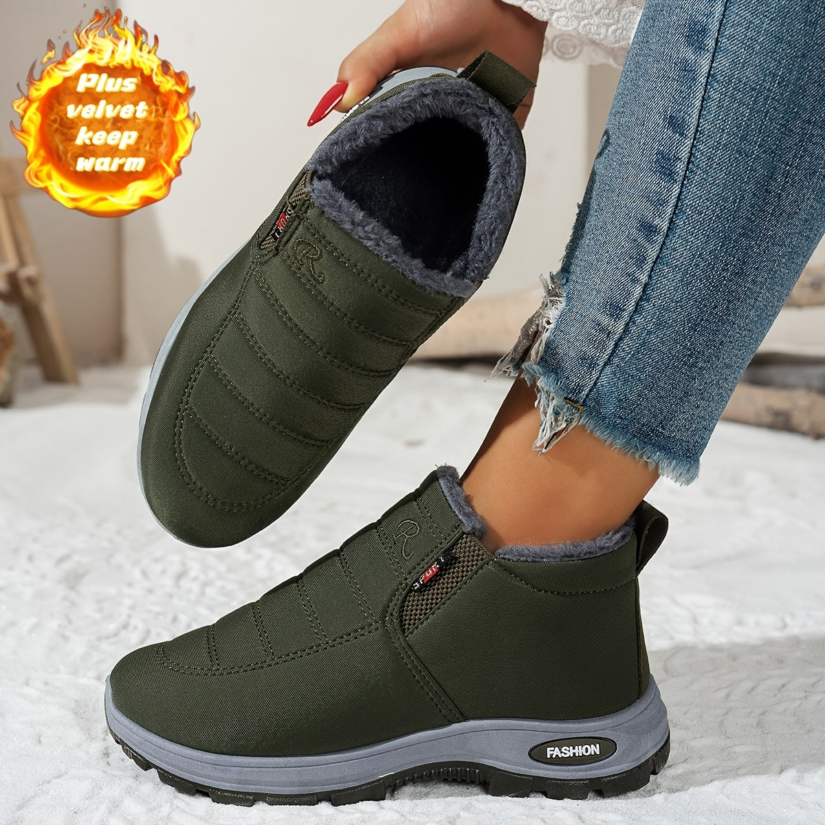Women's Fleece-Lined Short Boots Black Red Winter Outdoor Shoes