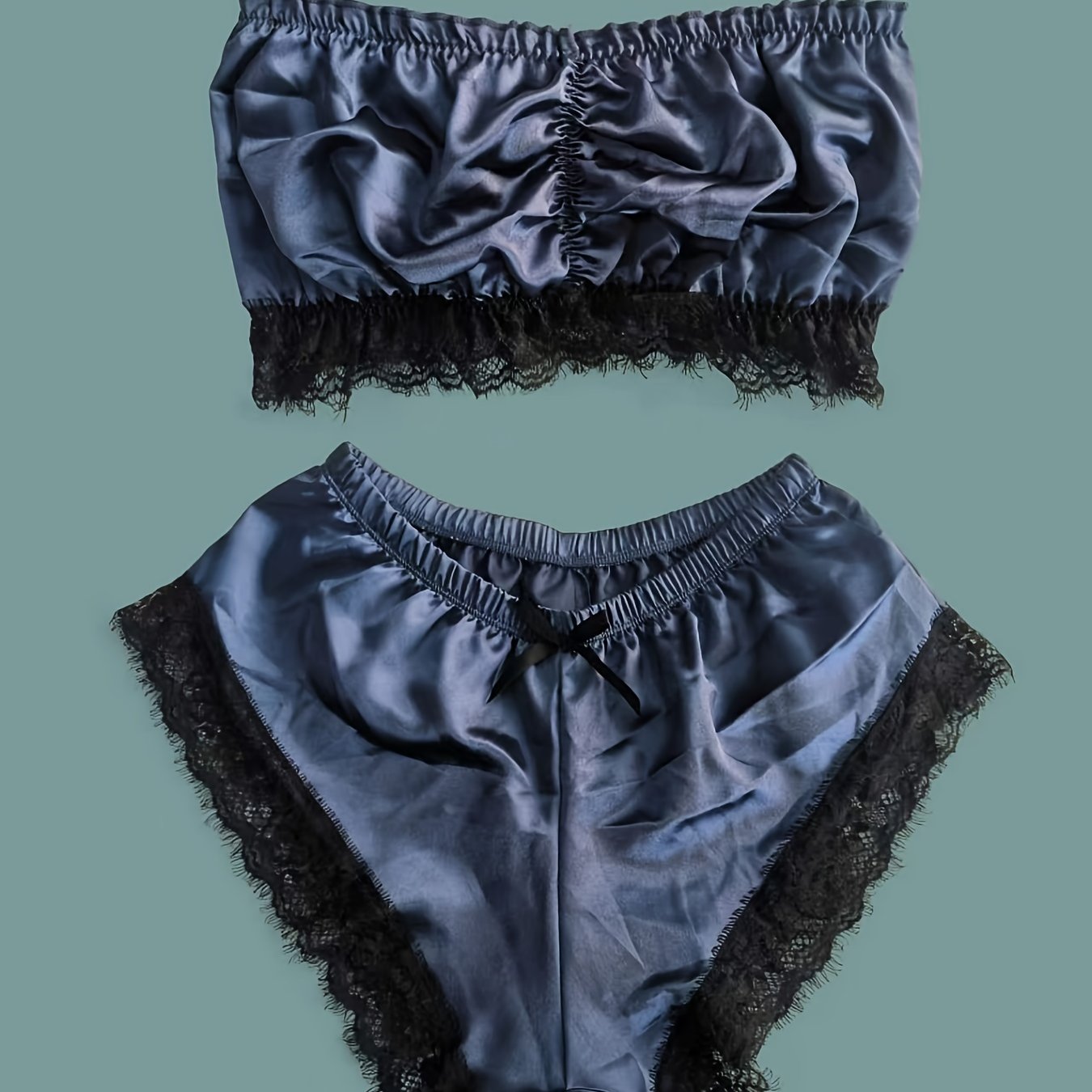 Women's Satin Sleepwear Set with Lace Trim Strapless Pajama Top and Shorts