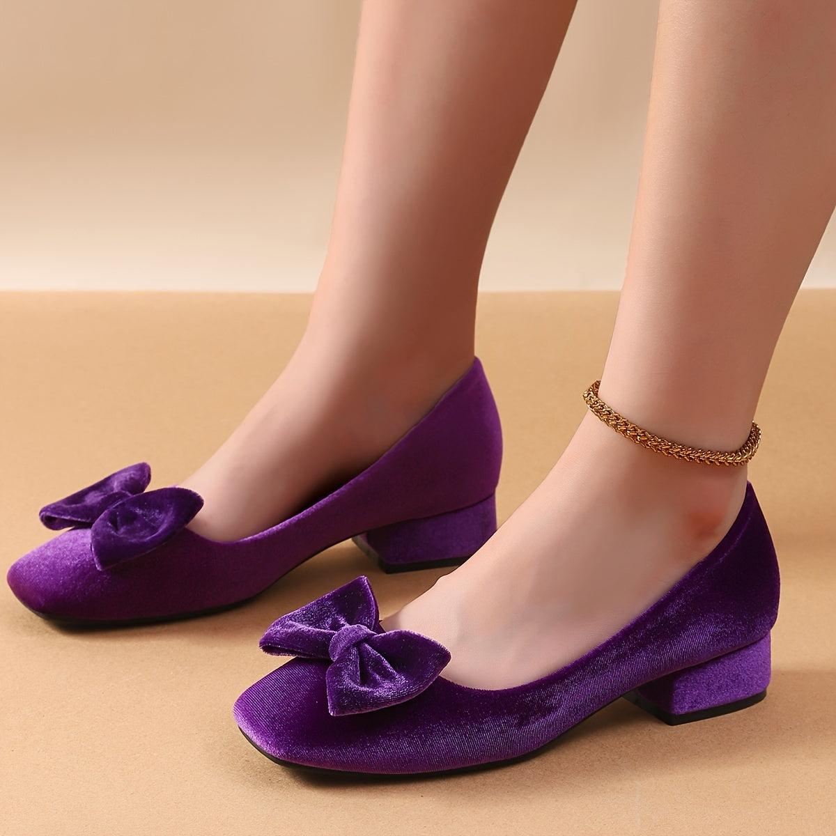 Women's Velvet Bowknot High Heels Square Toe Chunky Heel Office Shoes