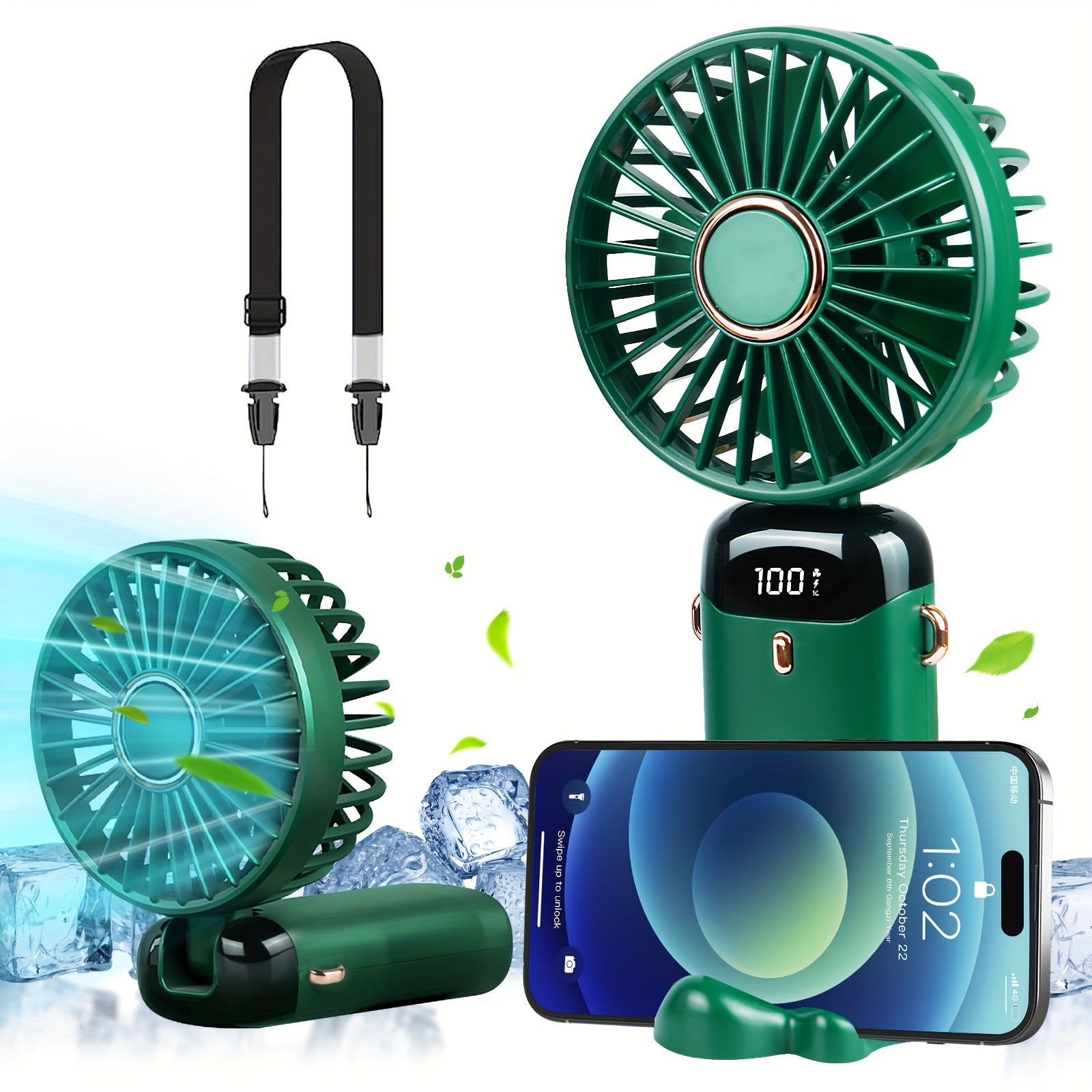 Green USB Desktop Fan with Digital Display, 5-Speed Adjustable Mini Air Cooler, Rechargeable Lithium Battery, Portable Handheld Fan for Office, Outdoors, Dorm