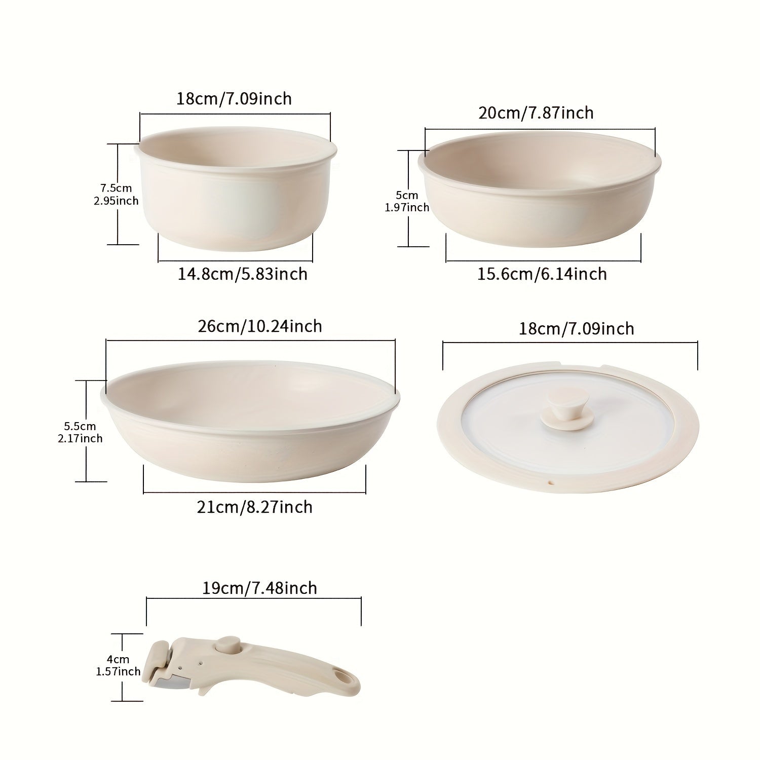 Krem rangli 5 ta qismli yopishmaydigan oshxona to'plami, olib tashlanadigan tutqichlar bilan
