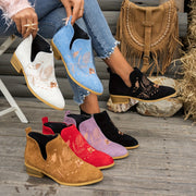 Women's Vintage Embroidered Ankle Boots Pointed Toe Low Heel Casual Shoes