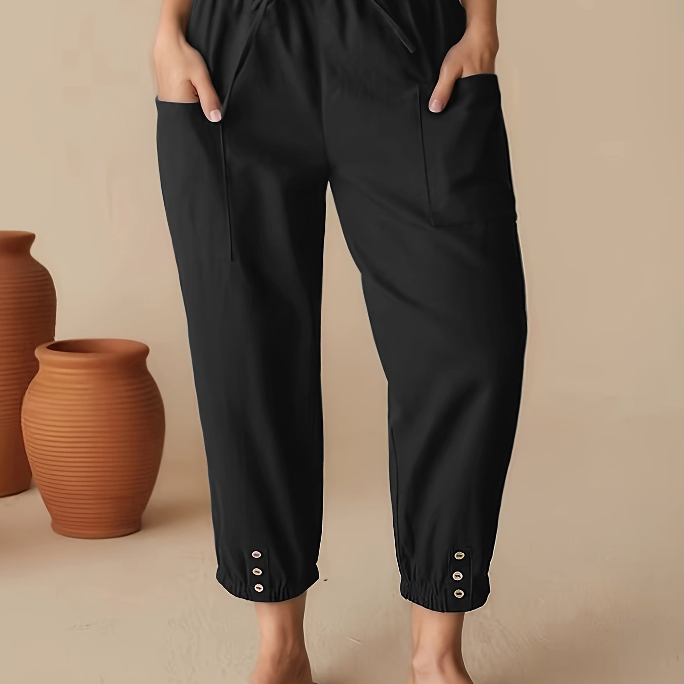 Pantalones casual de cintura alta y corte cropped para mujer con bolsillos azul marino