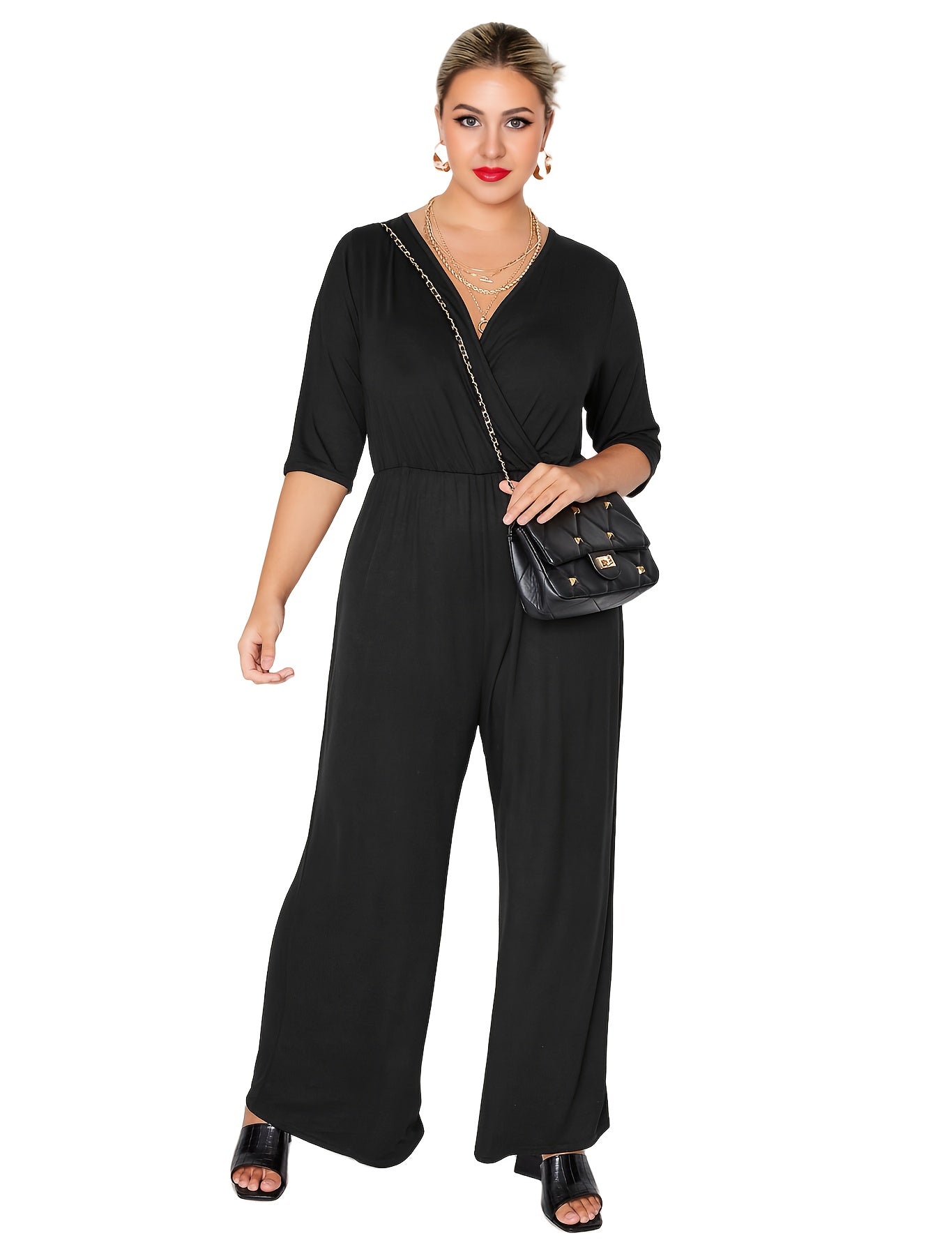 Plus Size Women's Jumpsuits V-Neck Elastic Waist Wide Legs Summer Spring