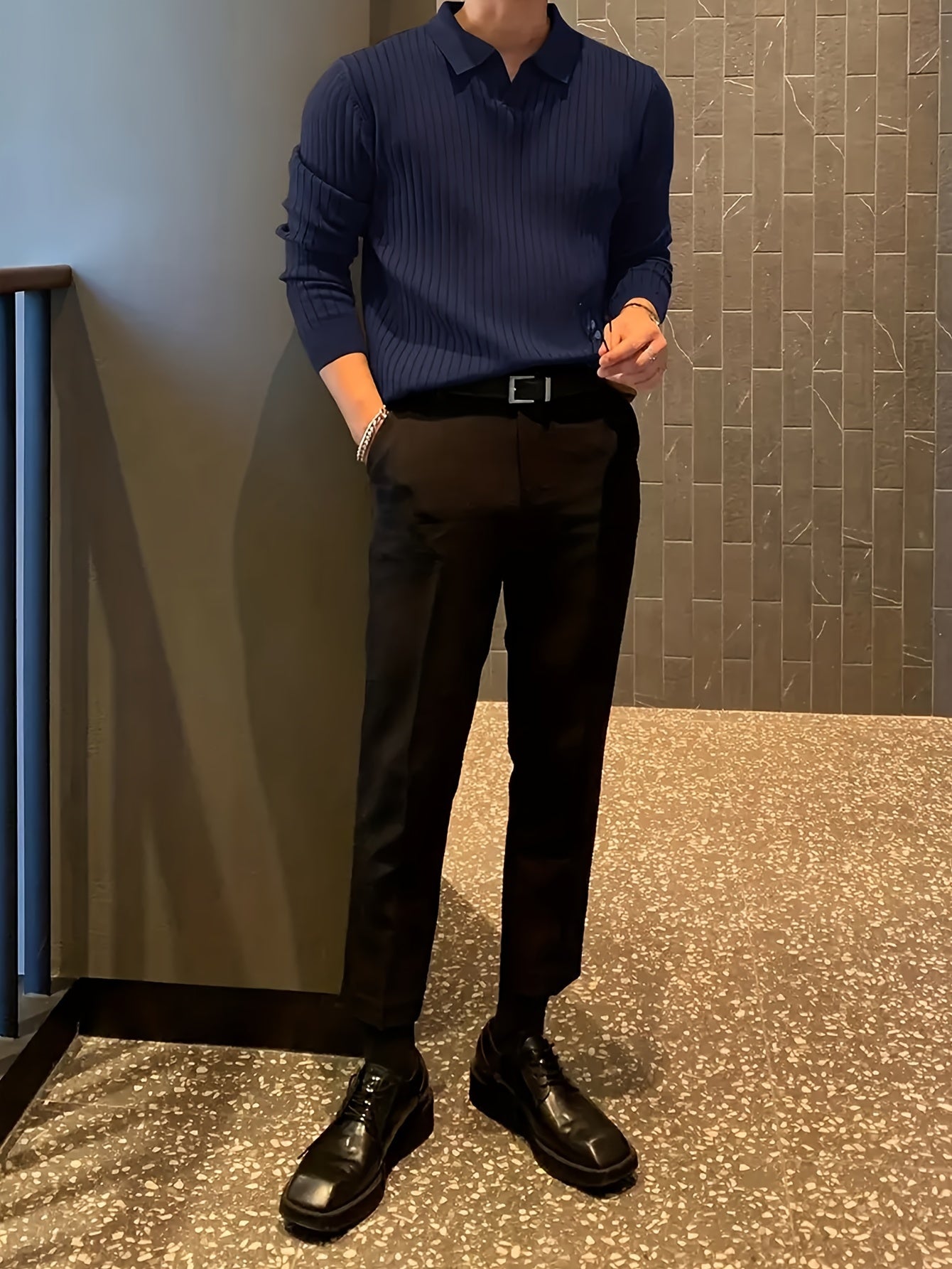 Suéter de cuello polo para hombre de corte regular, manga larga, color sólido, de rayón, para otoño y primavera