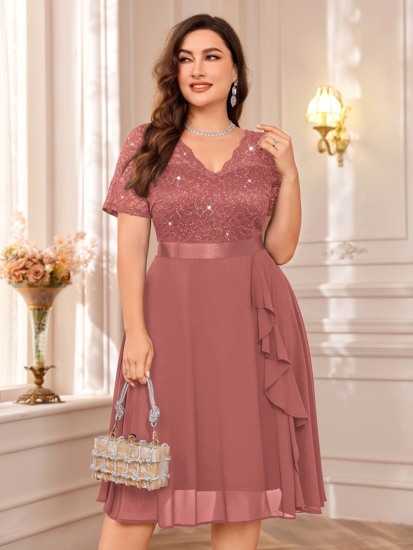 Women's Sequin Lace Chiffon V-Neck Cocktail Party Dress