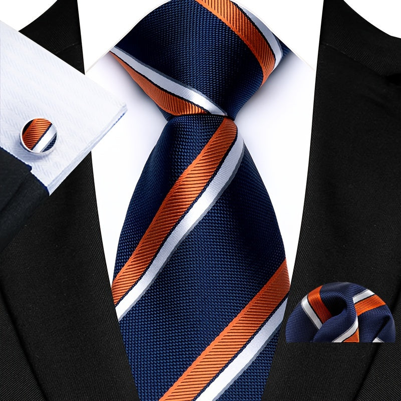 Men's Business Casual Tie Pocket Square Cufflinks Woven Multicolor Stripes Set for Grooms and Groomsmen