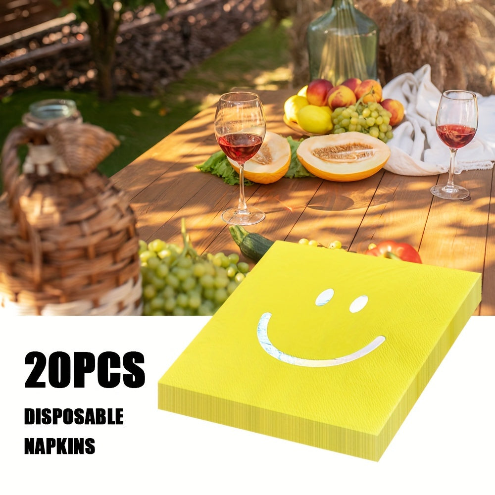 Set of 20 Yellow Smiley Face Disposable Napkins 2-Ply Paper 33 cm for Parties