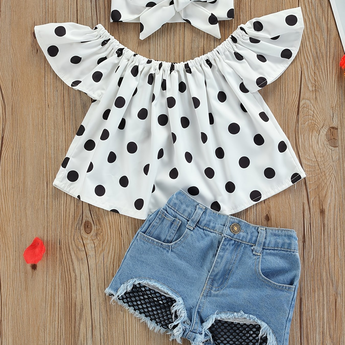 Baby Girls Summer Polka Dot Crop Top and Denim Shorts Set with Headband