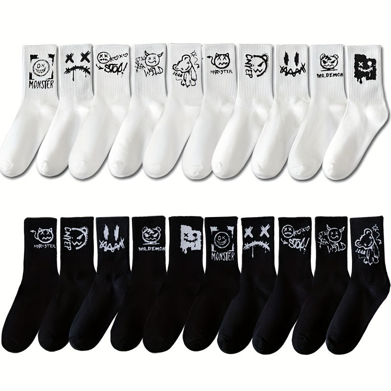 Men's Black and White Graffiti Pattern Crew Socks 5 Pairs Breathable Comfortable All Seasons