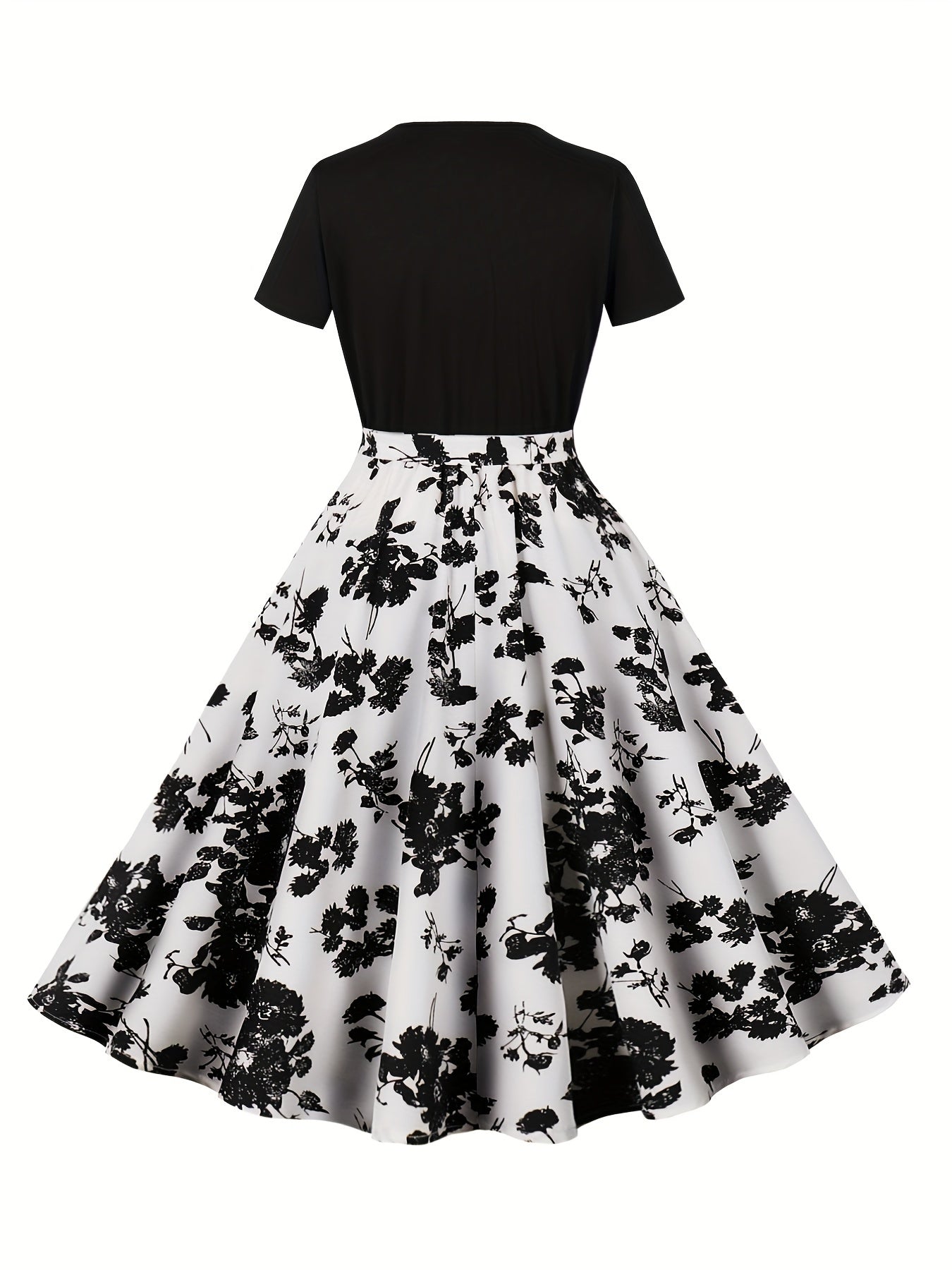 Floral Print Crew Neck Dress for Women with Short Sleeves and Belt Summer Elegant Polyester