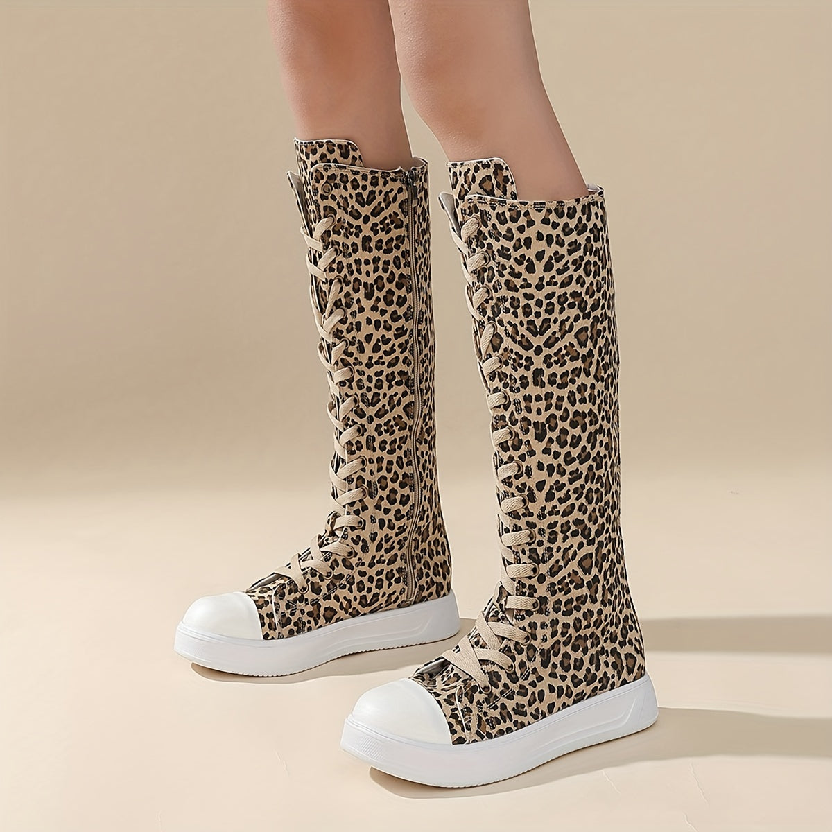Women's Leather Leopard Print Casual Mid-Calf Boots With Zipper