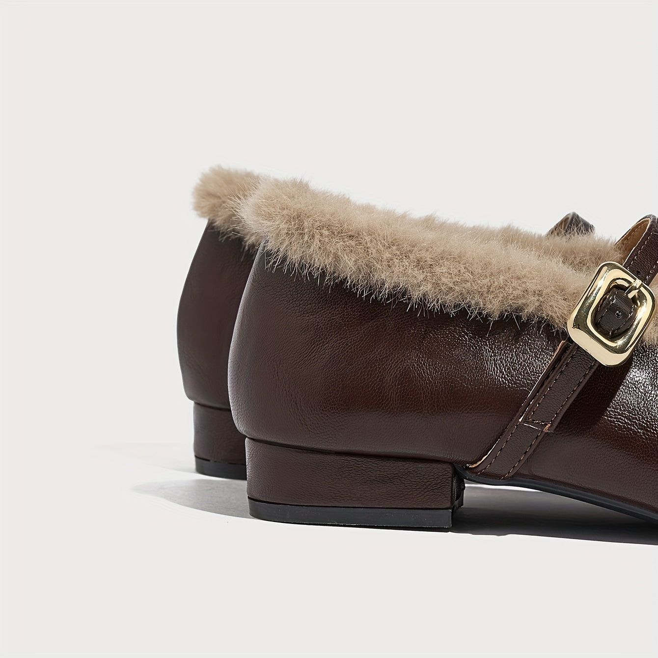 Women's Plush French-Style Pointed Toe Chunky Mary Jane Shoes Winter Insulated