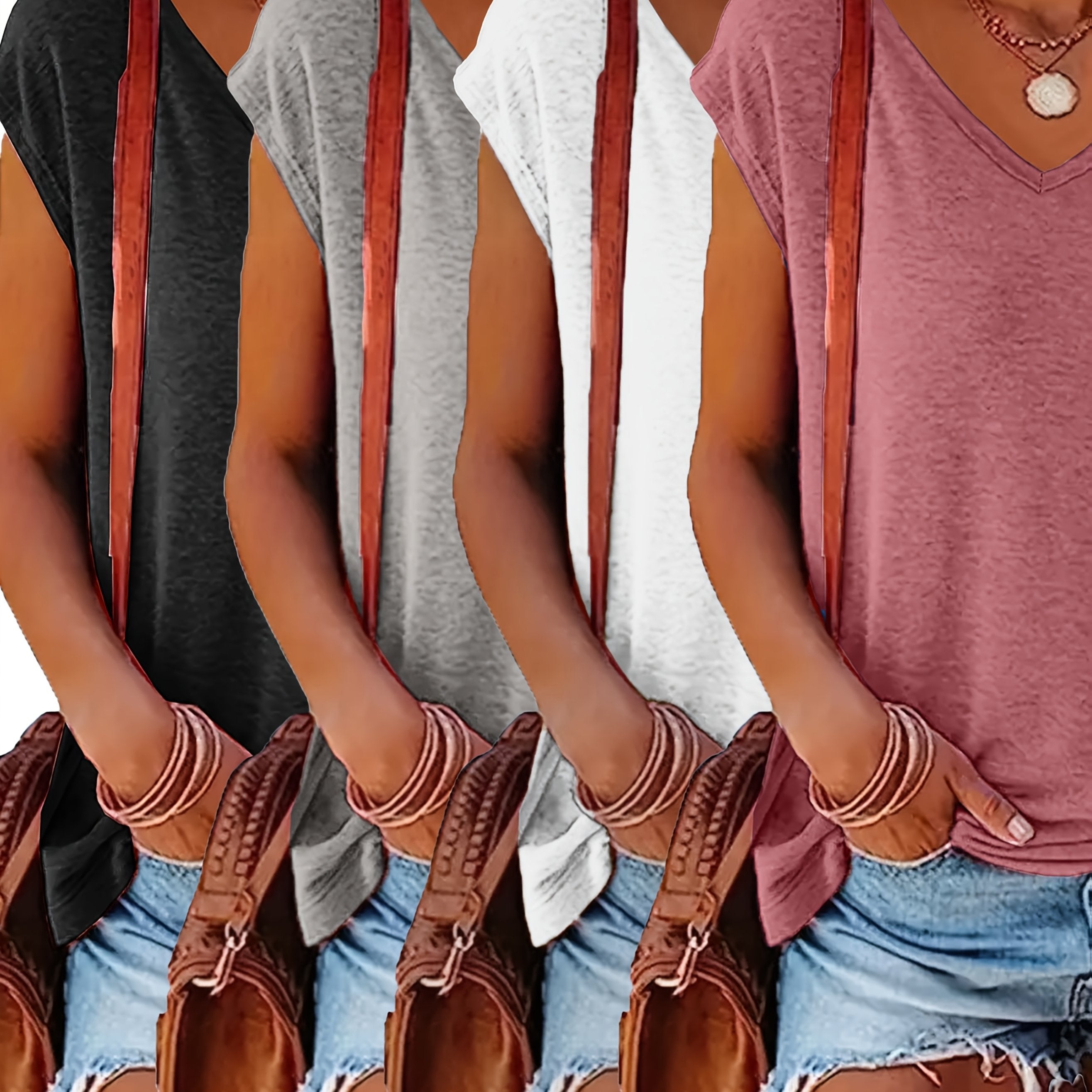 Комплектация из 4 футболок с коротким рукавом и V-образным вырезом для полных женщин, летние повседневные топы