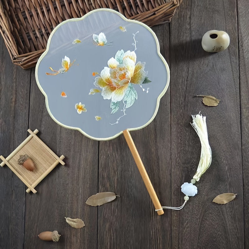 Fan de mano de estilo chino bordado con mango de madera para danza y manualidades