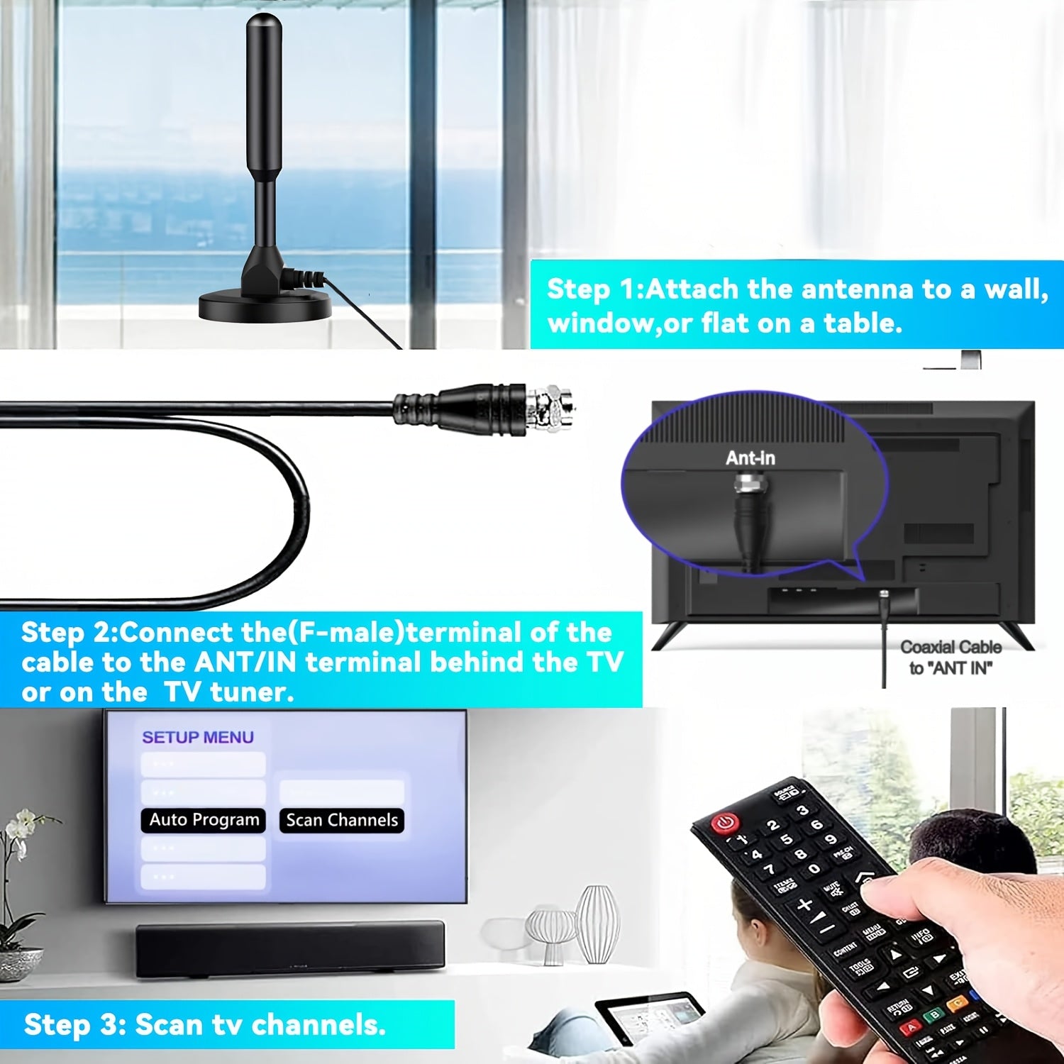 Indoor Digital TV Antenna 2025 Upgraded Magnetic Base 360° Long-Range Reception
