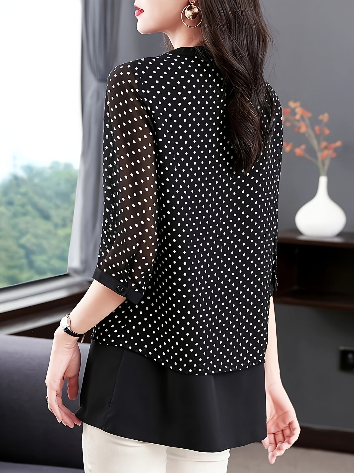 Plus Size Women's Chiffon Blouse Polka Dot Mid-Length Seven-Eighths Sleeves