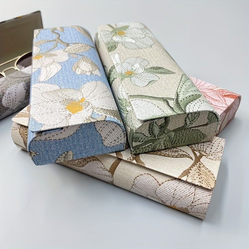 Floral Print Hard Eyeglass Case with Magnetic Leather Closure Stylish Sunglass Storage Box