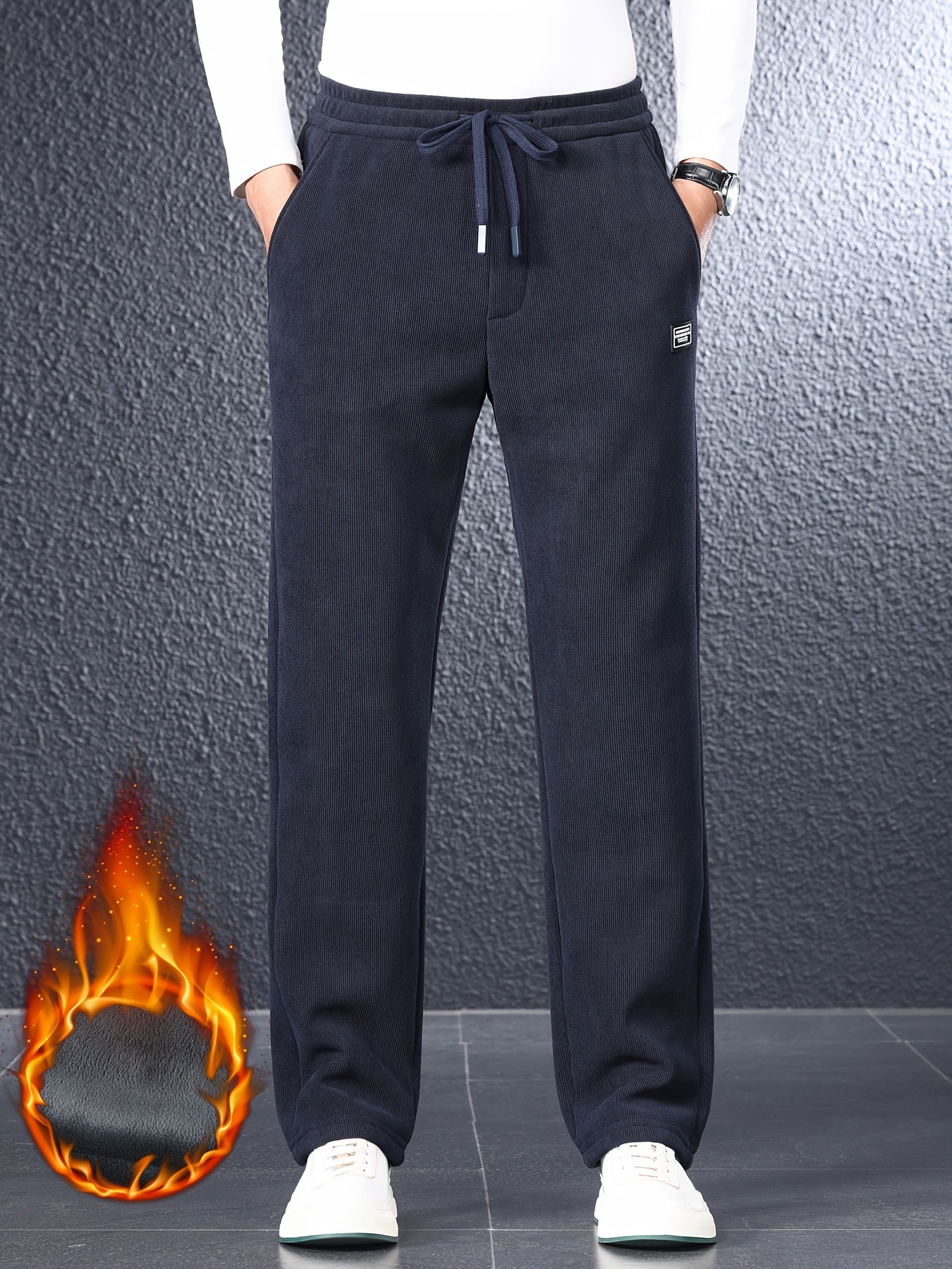 Men's Casual Joggers Polyester Knit Solid Regular Fit Mid Waist Winter Warmth