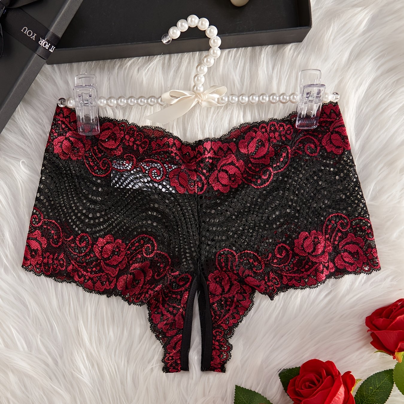 Women's Plus Size Lace Trim Mid-Rise Panties Red and Black Contrast Stretch Underwear