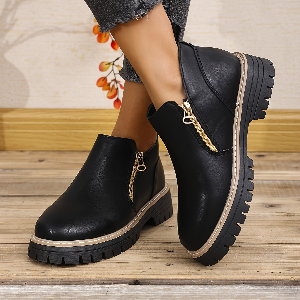 Women Black PU Ankle Boots with Dual Zippers Comfortable Breathable