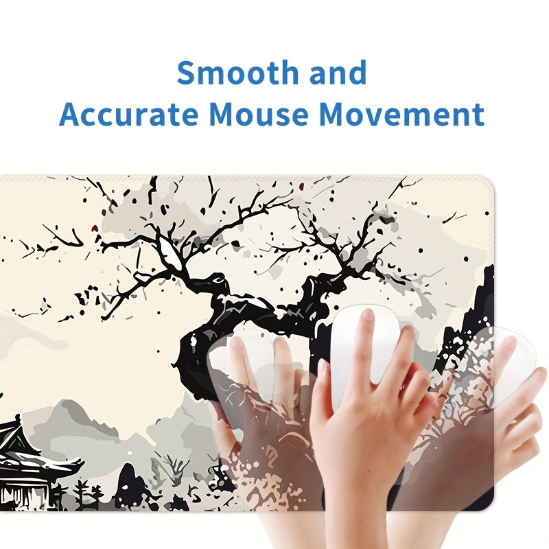 Large Gaming Mouse Pad Washable Non-Slip Rubber Desk Mat Japanese Ink Landscape Design Cherry Blossoms Mountain Scenery