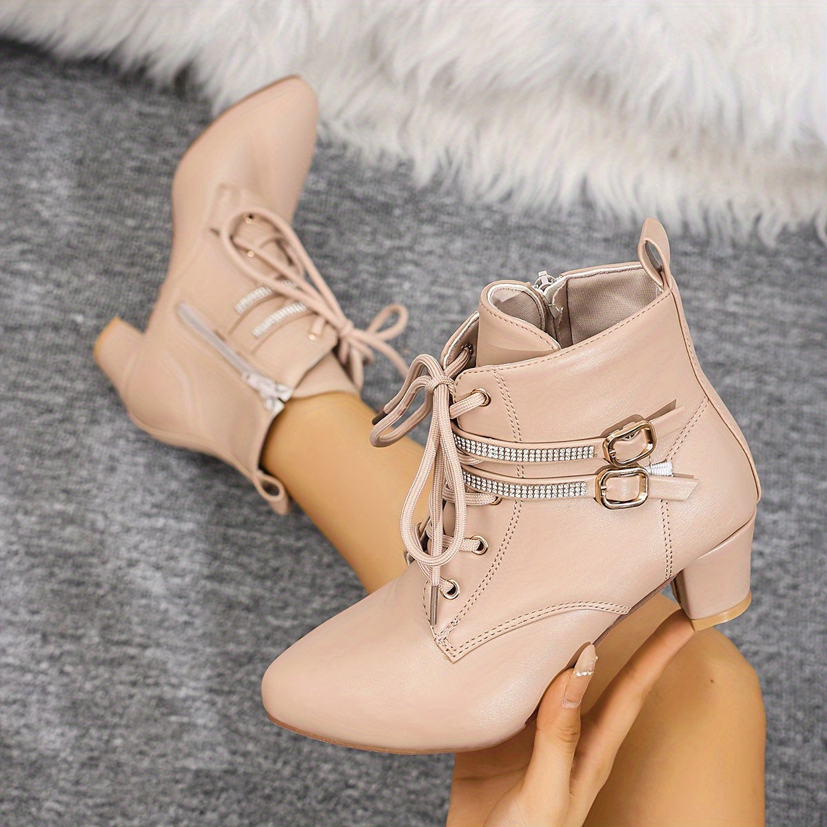 Women's Faux Leather Block Heel Boots with Buckles Zipper Pointed Toe