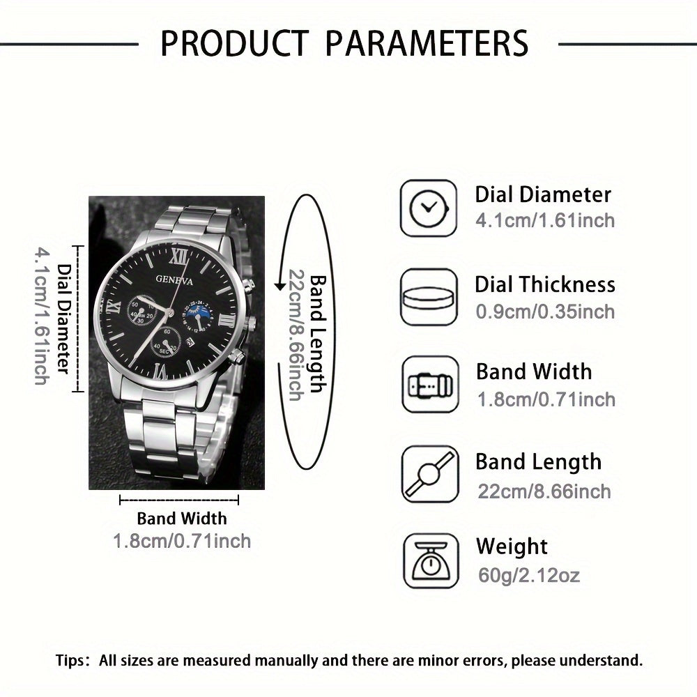 Men's Casual Watch and Jewelry Set with Silver Quartz Watch Cross Pendant Necklace Ring Bracelet