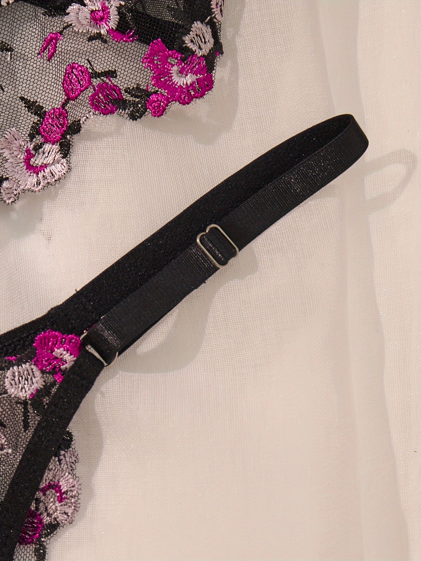 Black Floral Embroidered Lingerie Set with Sheer Mesh Bra and Low-Rise Thong