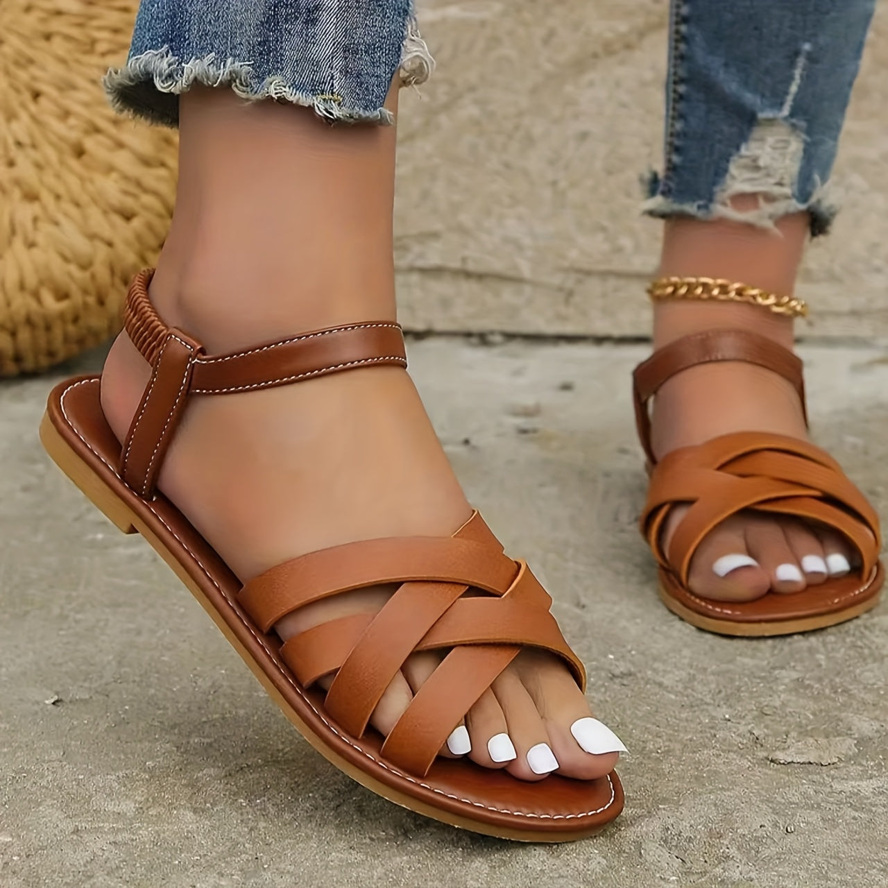 Women's Open-Toe Flat Sandals Casual French Retro Soft Sole