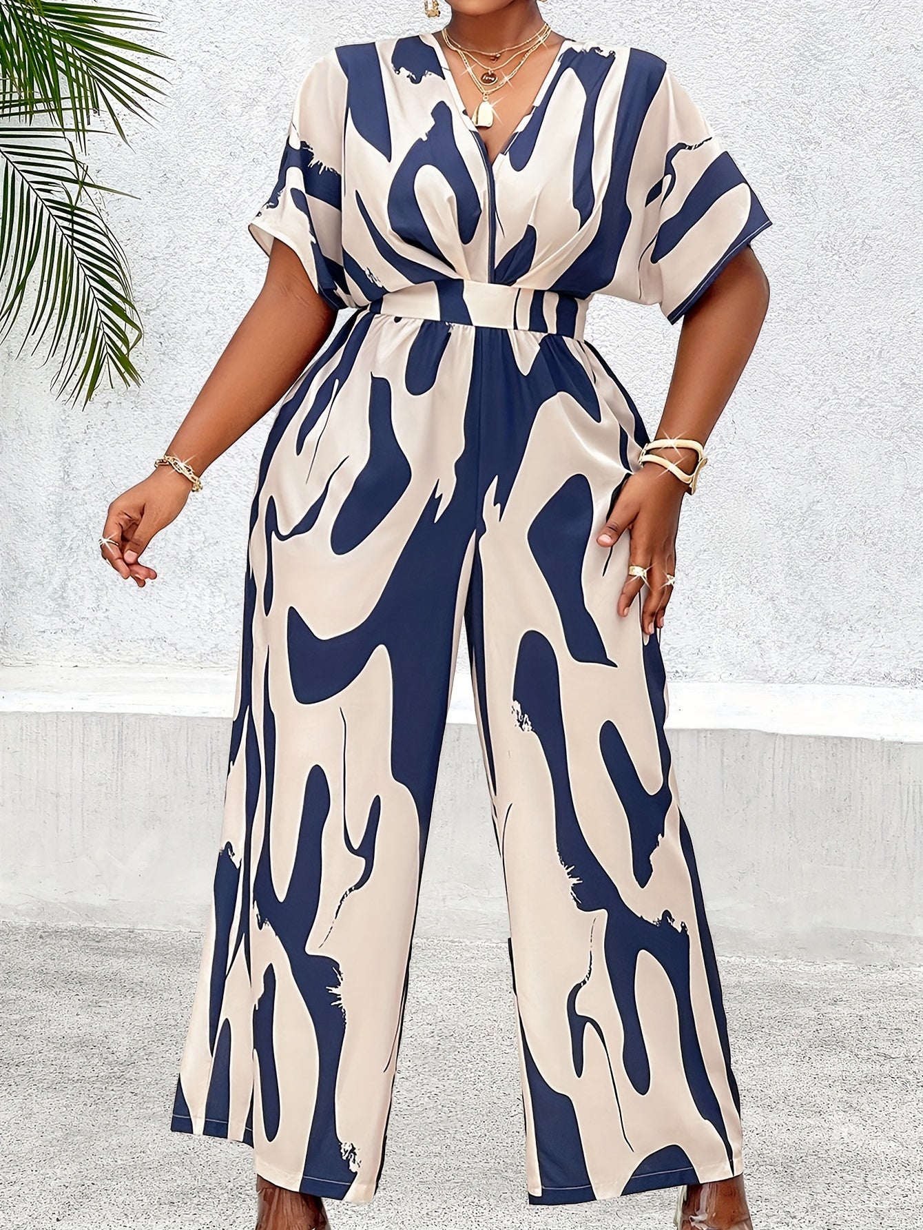 Women's Plus Size Batwing Sleeve Belted Print Jumpsuit