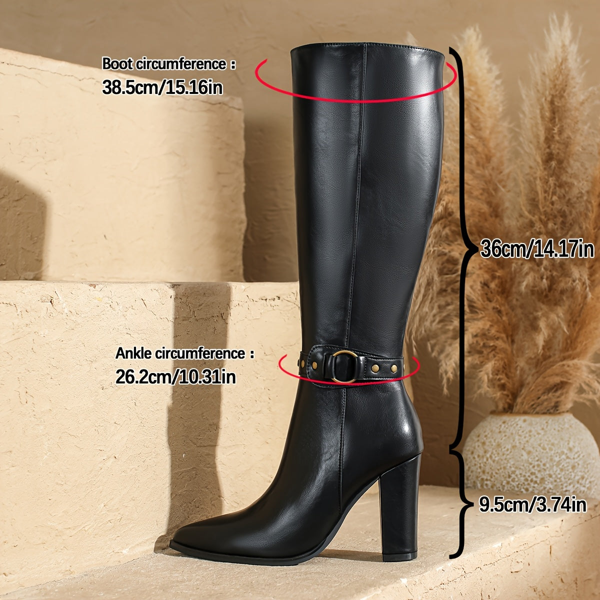 Women's Plus Size Black Synthetic Pointed Toe Knee-High Boots with Zipper