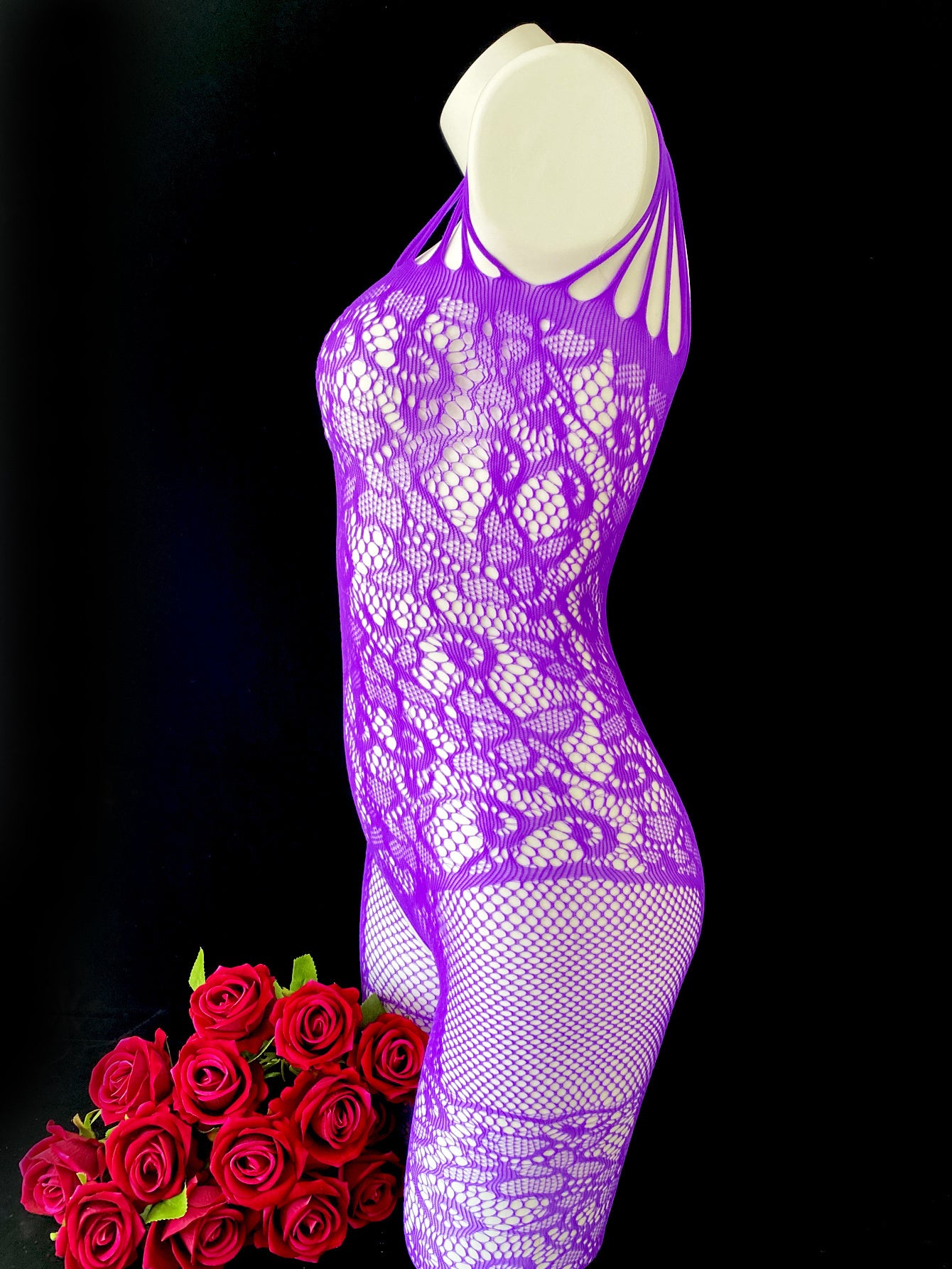 Plus Size Bodystocking with Jacquard Design and Open Crotch Polyamide Spandex for Date Night