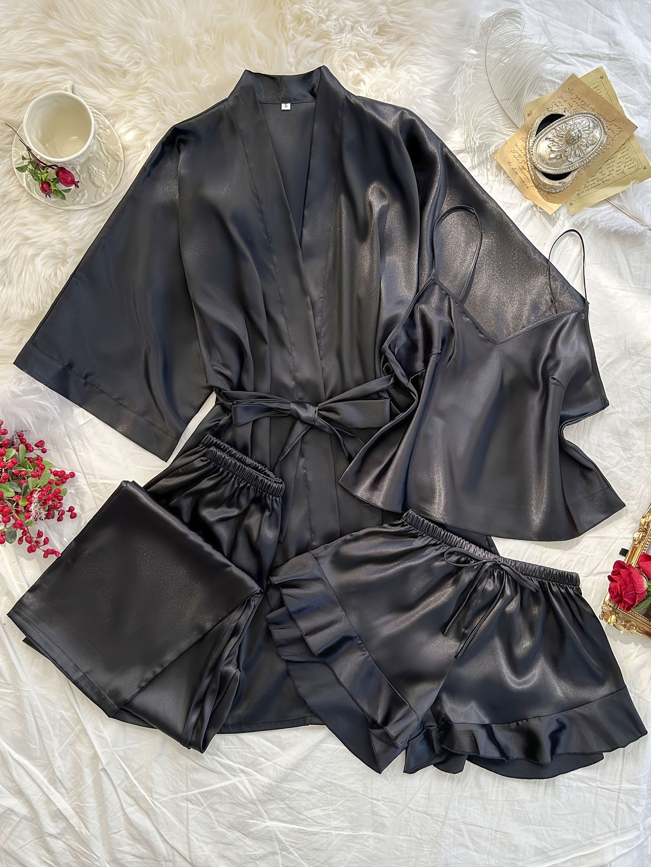 Women's V-Neck Sleepwear Set with Long Pants 4 Pieces Polyester Solid All-Season