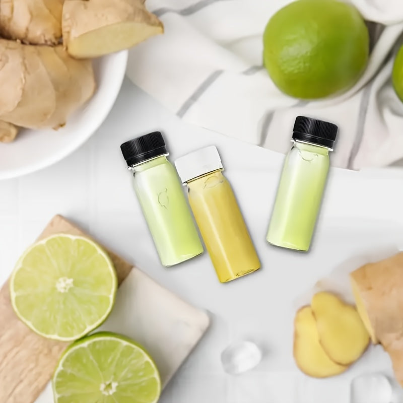 12 ta kichik plastik shisha to'plami, 2oz, yopiladigan, suyuqliklar uchun ko'k funnel bilan