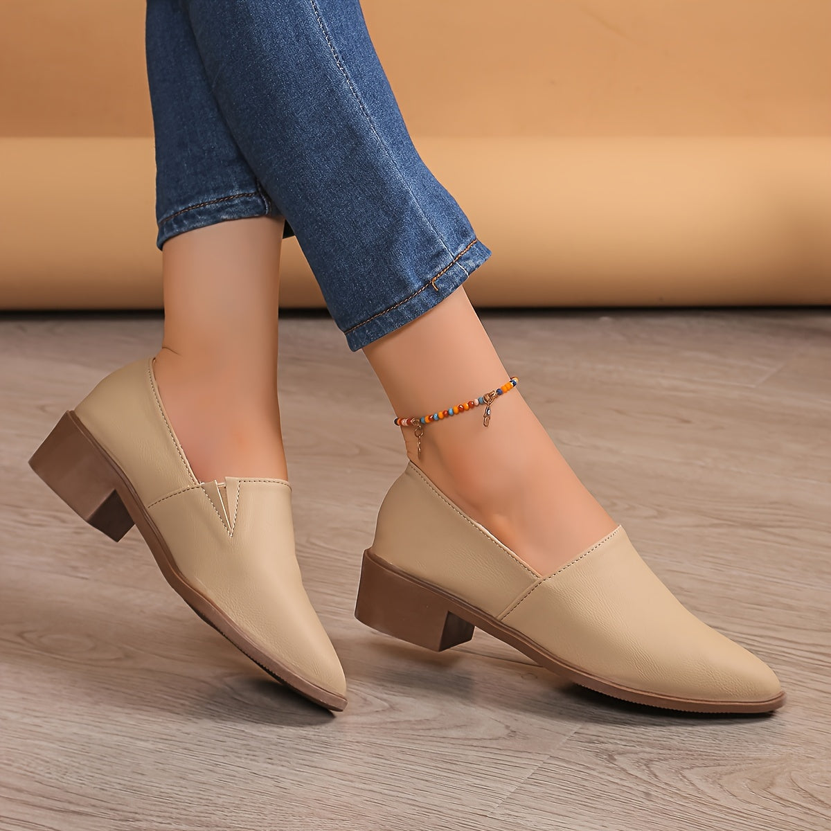 Women's Apricot Faux Leather Pointed Toe Loafers with Chunky Heel