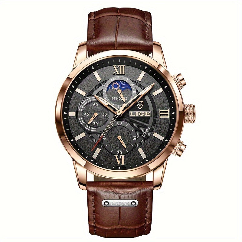 Men's Leather Casual Quartz Sport Watch Black 42mm