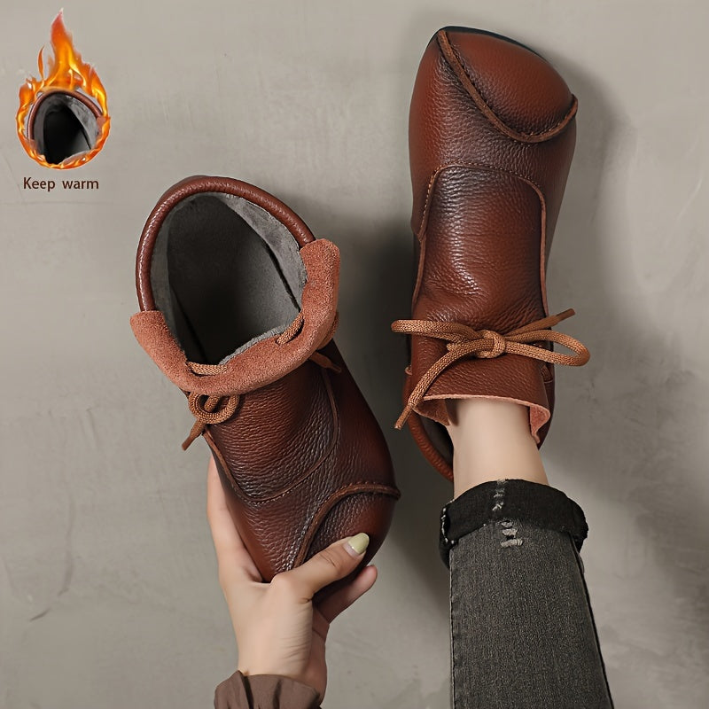 Botines de tobillo para mujer negro, marrón y burdeos de cuero de vaca, forro de felpa acogedora, casuales, planos, con slip-on